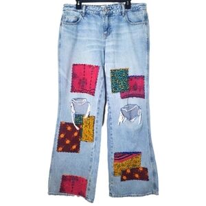 Pacsun Women's Distressed Low Rise Baggy Jeans Handmade With Hippie Patchwork